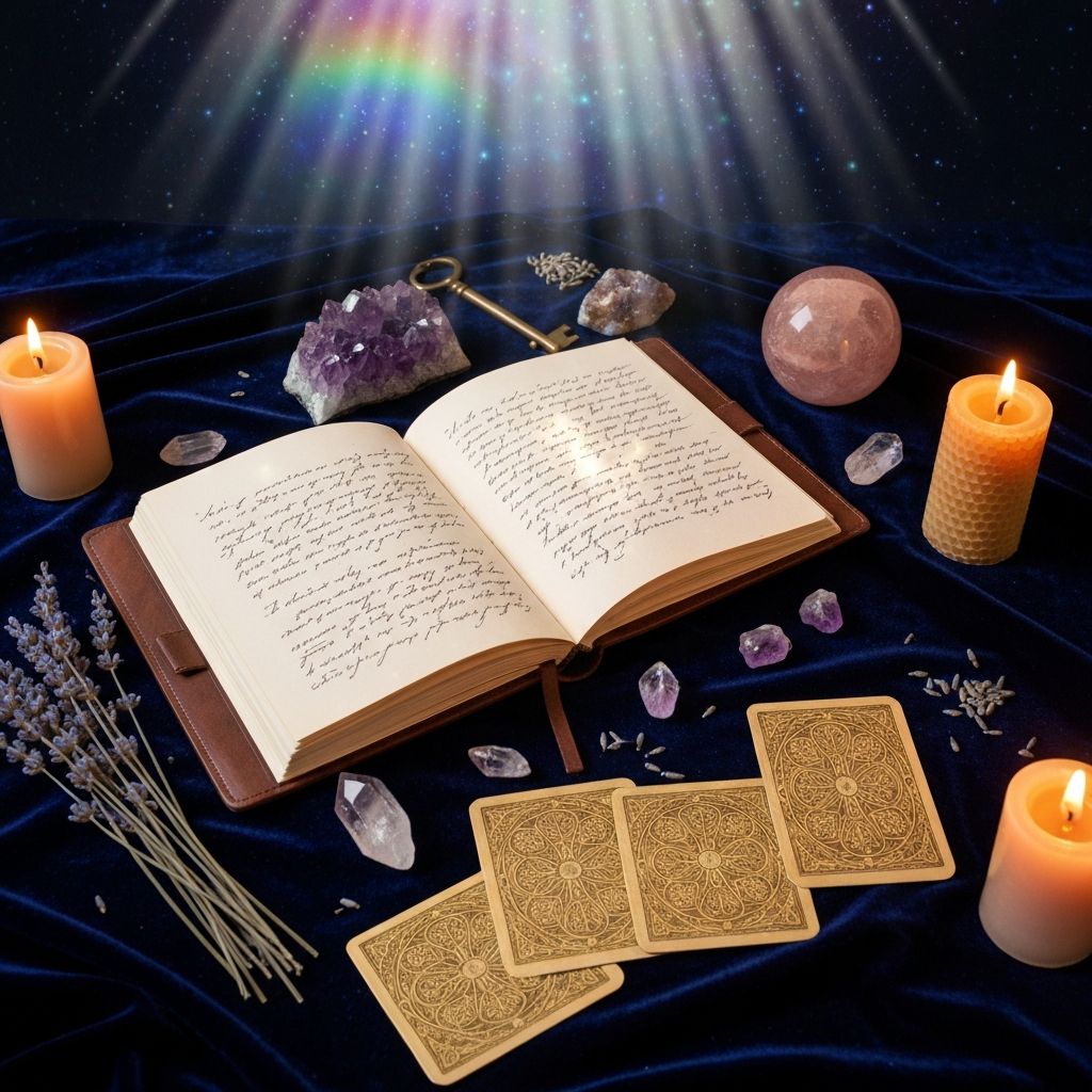 A leather journal open on midnight velvet, surrounded by candles and crystals