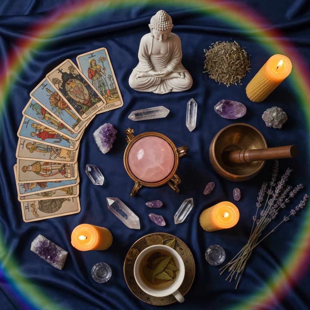 A wise woman's altar with tarot cards, crystals, sage, and a singing bowl